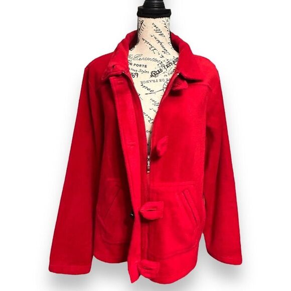 Dressbarn L Red Fleece Toggle Jacket Stand Collar Cozy Winter Button Front Coat - Picture 5 of 11